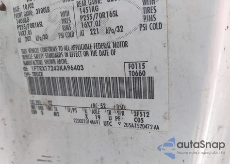 2003 Ford F-150 Xl/Xlt z USA, uszkodzony, nr VIN 1FTRX17243KA96403